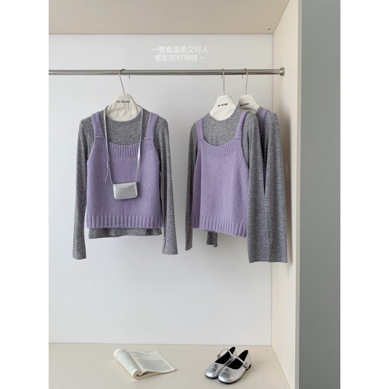トップス レディース 紫色 長袖 Tシャツ ベスト セット 初秋 シンプル 重ね着 インナー かわいい 若見え レイヤード