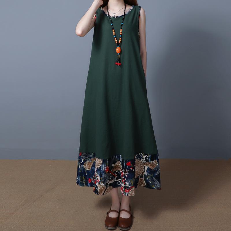 レディース ワンピース 夏 エスニック調 ゆったり 綿麻素材 ノースリーブ ロング丈 ビッグサイズ フィット カジュアル 軽量 通気性