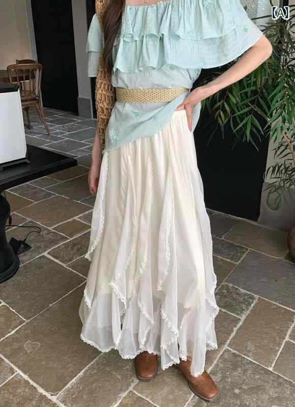 スカート 女性用 レース フリル 切り替え 裾 不規則 デザイン 春夏 フェミニン ふんわり 軽やか カジュアル 日常使い ミディ丈