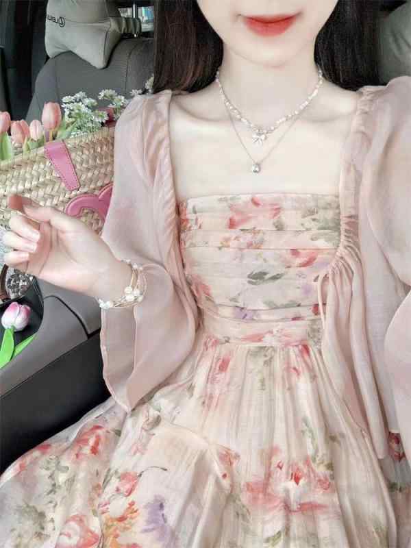 レディース 夏用 ワンピース セット ストラップレス 小花柄 甘美 優しい フランス風 若見え 日焼け防止 シャツ トップス 軽量 吸湿速乾 通勤 普段使い 外出 着 かわいい スタイル