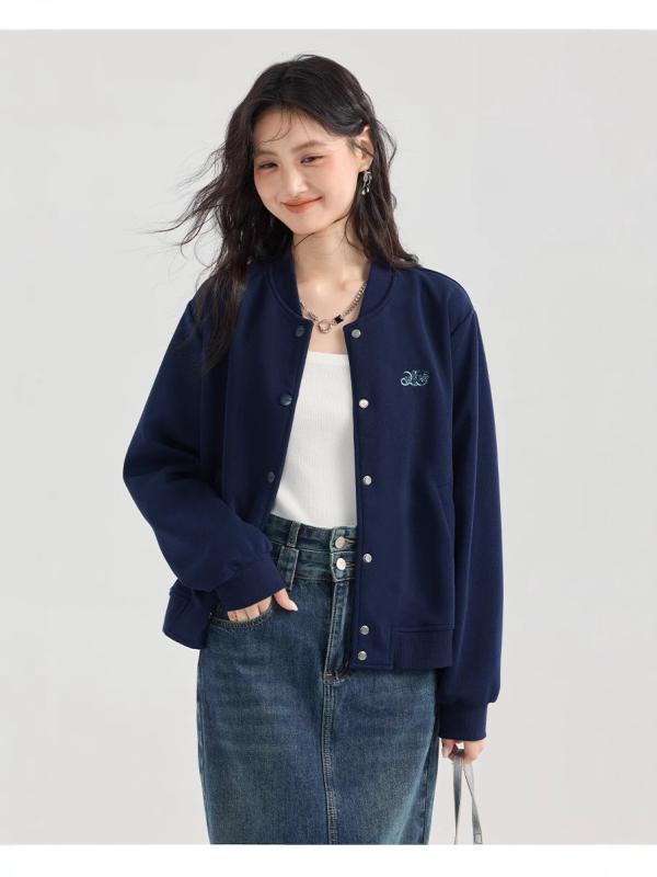 レディース 野球ジャケット ネイビー 薄手 ゆったり スタンドカラー 春秋 カーディガン トップス アウター 普段使い 合わせやすい