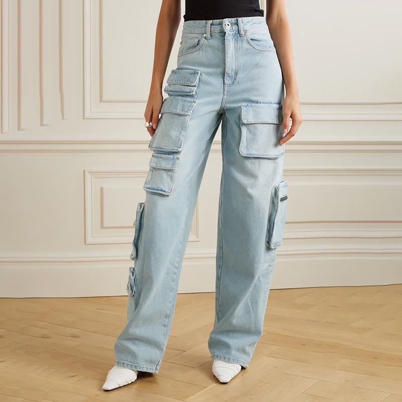 レディース ストレート デニムパンツ ハイウエスト マルチポケット ワークスタイル ロングパンツ 秋 ファッション ベーシック 普段使い ジーンズ 綿素材 切り替え