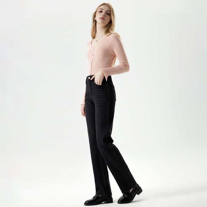 デニムパンツ 女性用 ハイウエスト ストレート スリムフィット グレー 伸縮性 シンプル 秋 カジュアル 普段使い 軽量 綿混