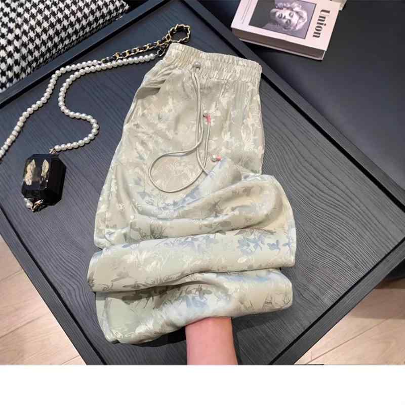 ワイドパンツ レディース 夏 中国風 刺繍柄 サテン ドレープ 接触冷感 カジュアル 普段使い 軽量 吸湿速乾 ハイウエスト ブラック系 ピンク系 アイボリー