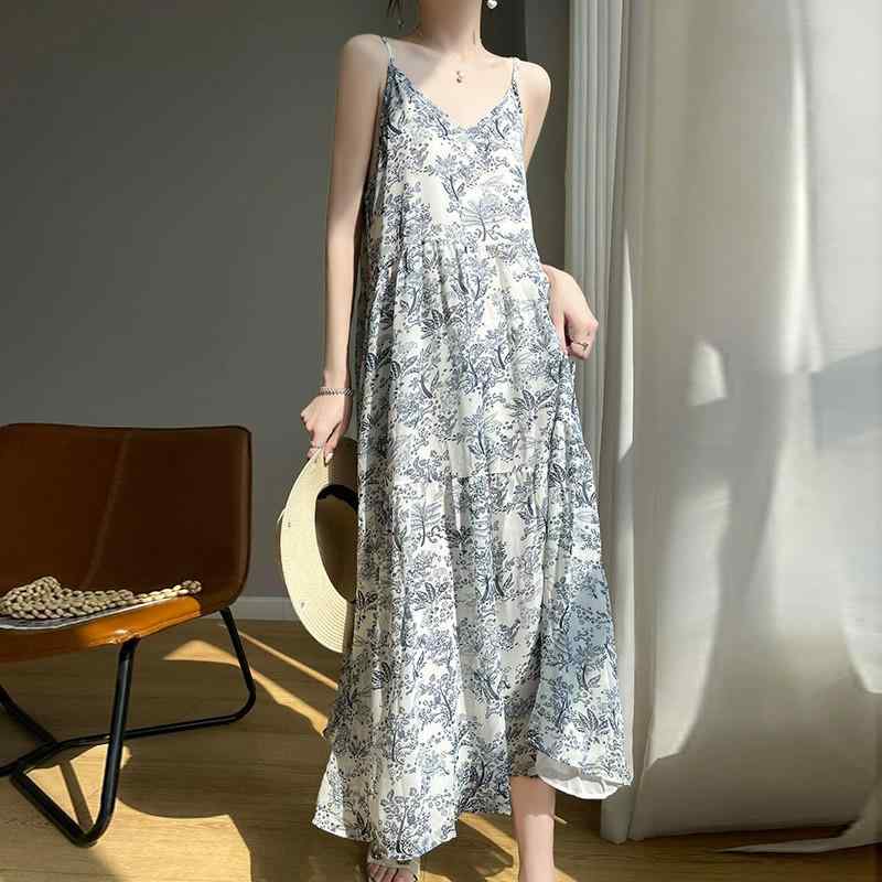 ワンピース レディース 夏 花柄 スリップ シフォン シルク ロング 独特 高級感 軽やか フェミニン スタイル 涼しい 接触冷感