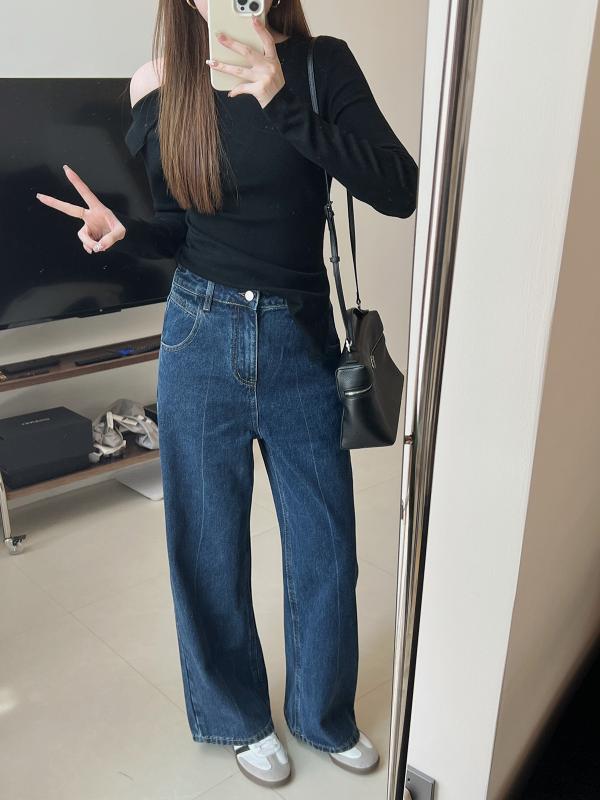 レディース デニムパンツ ハイウエスト ワイドレッグ ストレート フィット レトロ 秋用 脚長効果 スリム効果 ゆったりシルエット 普段使い カジュアル デニム素材 ロング丈