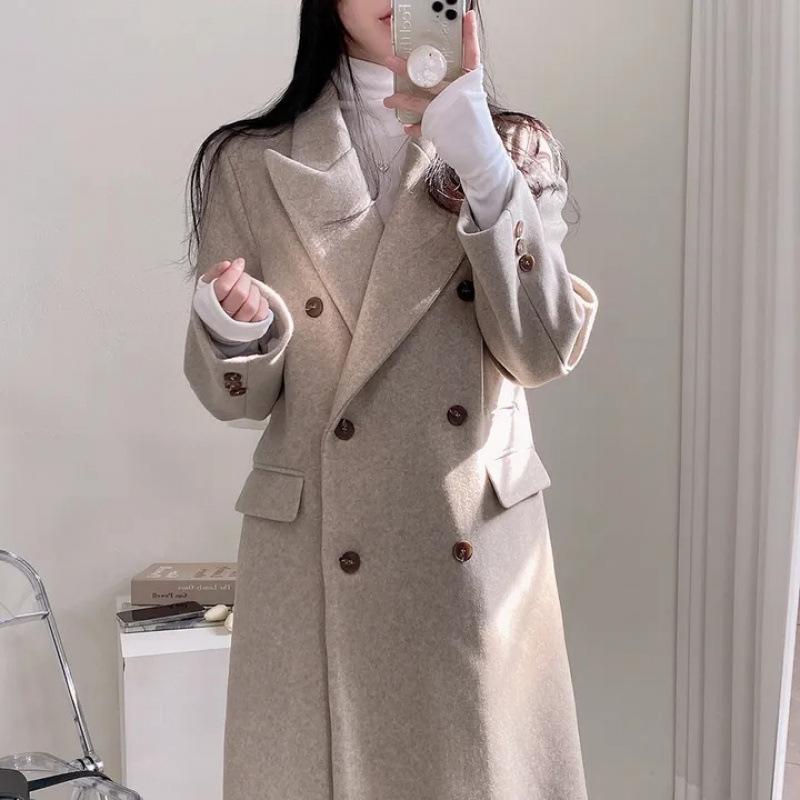 レディース コート レトロ スーツカラー ダブルブレスト 膝下丈 ミディアムロング 暖か ウールツイード 秋冬 保温性 フォーマル 普段使い 高級感 ブラック系 5,349円