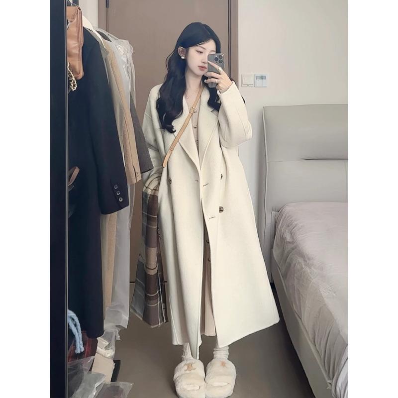 レディース コート ベージュ系 ダブルフェイス ウール ゆったり ミドルロング 秋冬 韓国 アウター 保温性 軽量 スタイリッシュ 普段使い