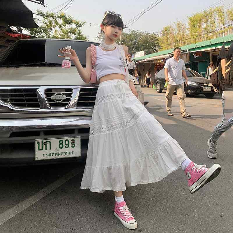スカート レディース 白 フリンジ レース 切り替え ゆったり ミディ丈 夏 ふんわり 上品 軽量 普段使い コーデしやすい フレア
