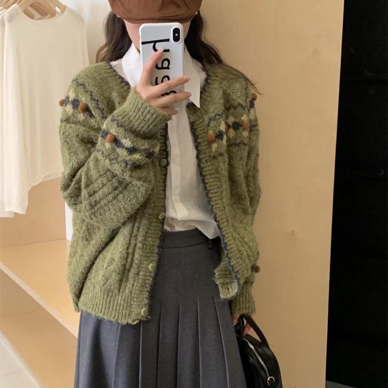 カーディガン レディース フェアアイル柄 ニット 秋冬 森ガール 柔らか ビンテージ風 暖か ゆったり トップス 切り替え コットン混 軽量 長袖 ラウンドネックx2
