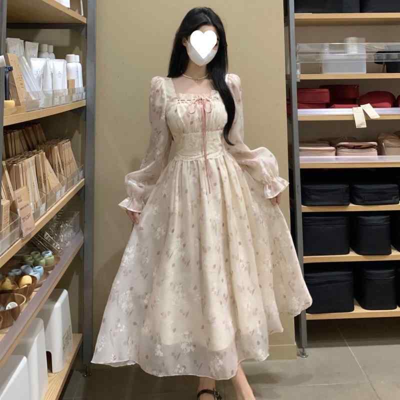 ワンピース レディース 秋冬 長袖 ロングドレス シフォン フラワープリント フレンチスタイル スリム スクエアネック スタイルアップ 軽やか エレガント ぽっちゃり対応 日常使い
