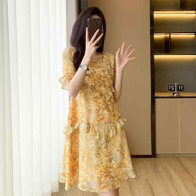 レディース ワンピース 夏 短袖 シフォン フラワー柄 ゆったり Aライン フリル 小柄 軽量 涼しい 吸湿速乾