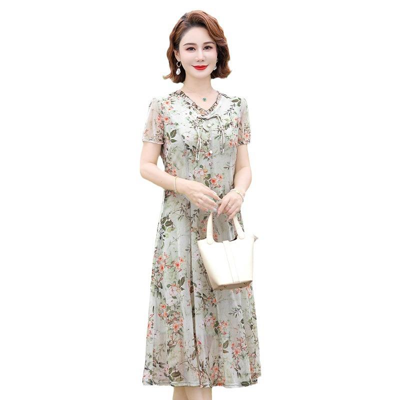 ワンピース レディース 夏 シフォン 短袖 小花柄 ロング丈 スリム 上品 通気性 軽やか フェミニン 日常使い 花柄プリント 涼しい 女性向け