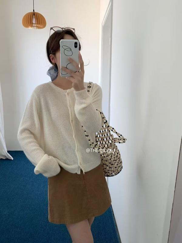 レディース ニット カーディガン 韓国 かわいい レース ソフト 丸首 長袖 春 ショート丈 トップス セーター カジュアル 軽量 伸縮性