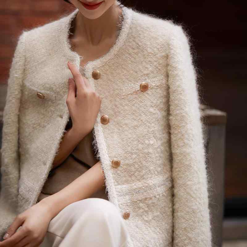 レディース 厚地の外套 白 ツィード 絨毛 モヘヤ 雅びやか 春 羊毛混 女子らしい アウター 軽さ 日常使い走り