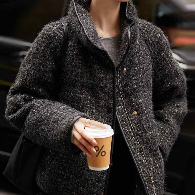 ダウンジャケット ウール 混 グースダウン95 スタンドカラー ツイード 冬用 暖か 軽量 高級感 コート 女性用