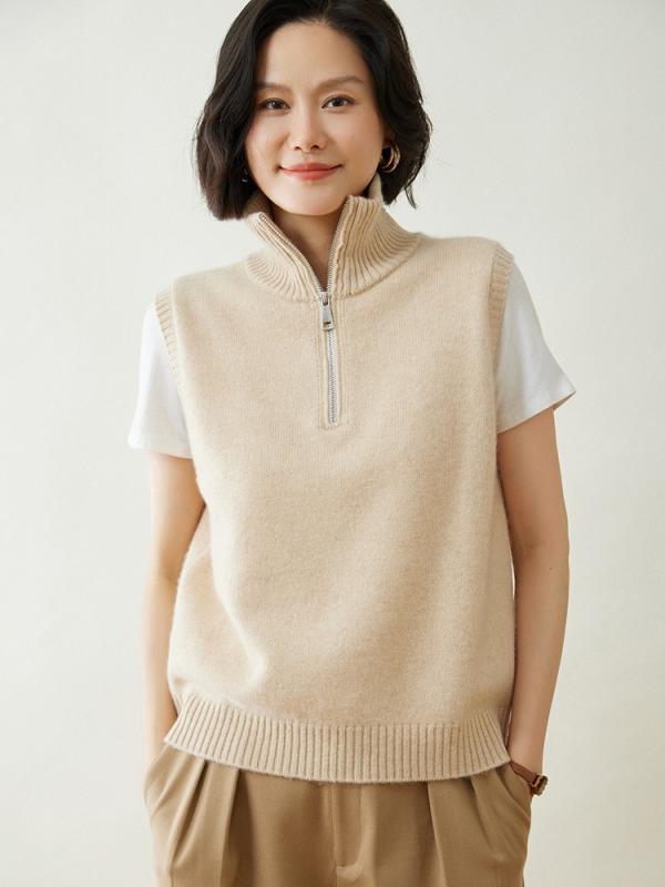 編み物より良い レディース 秋冬  無地 ハイネック ファスナー ノースリーブ ゆったり 保温 今めかしい 合わせ分かりやすい 生あたたかい 花の冠yd
