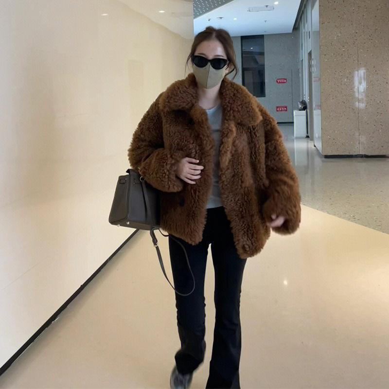女性用 コート 秋冬 厚手 レトロ アメリカンスタイル 高級感 ブラウン ラムウール ソフト 暖か アウター ふわふわ 普段使い