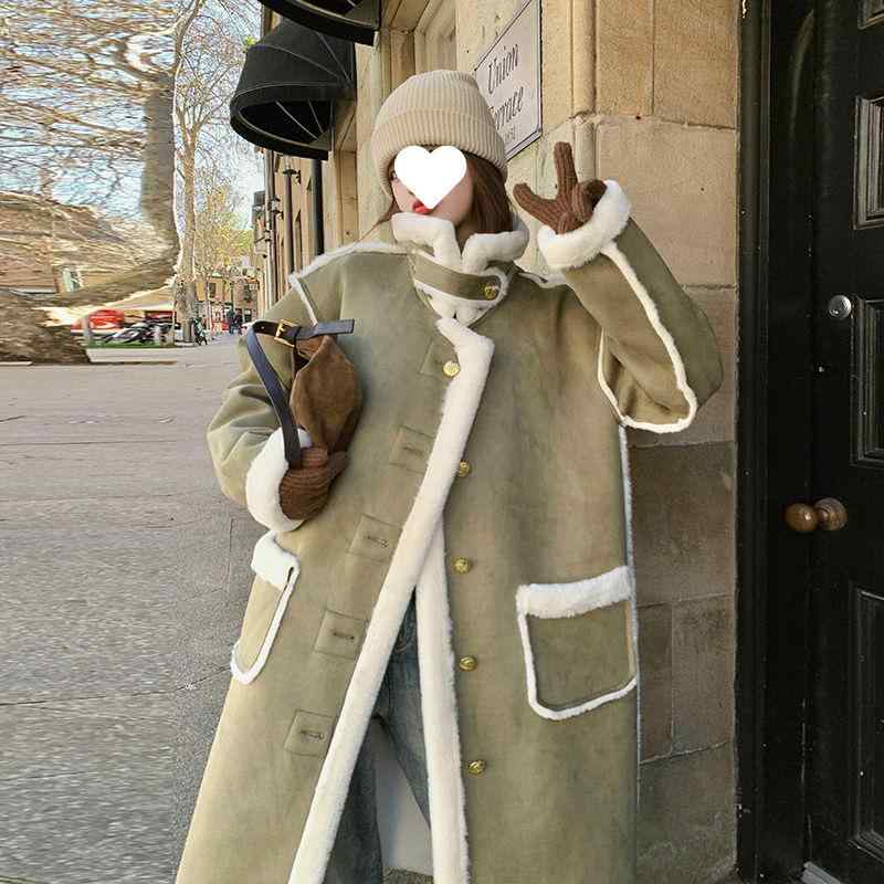 レディース コート グリーン ラムファー スエード ベルベット ゆったり ミドルロング 冬用 秋冬 レトロ ファッション 暖か 軽量 スタイリッシュ アウター 普段使い