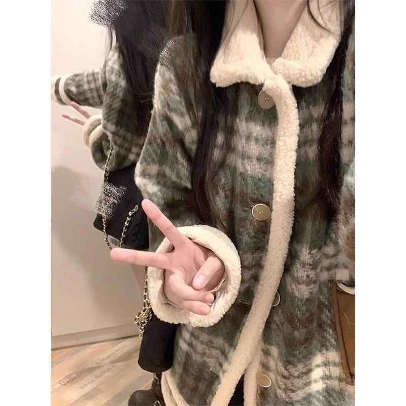 コート レディース 秋冬 厚手 羊毛 ツイード ロング アウター レトロ チェック柄 アメリカン ビンテージ スタイル 暖か ウール混
