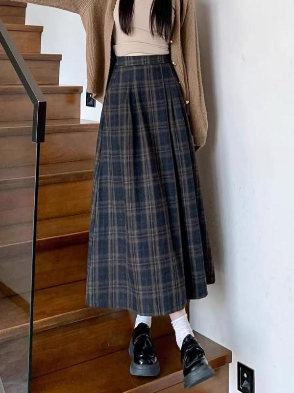スカート レディース チェック柄 プリーツ 高腰 中長 小柄対応 スリム効果 春夏 冬用 軽量 伸縮性 普段使い 動きやすい シルエット