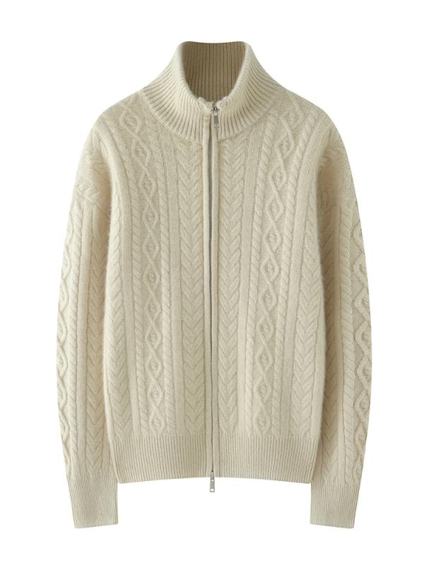 ニットカーディガン レディース 秋冬 カシミヤ 厚手 スタンドカラー ケーブル編み 両頭ジッパー レトロ アウター 暖か 柔らか 長袖 ゆったりシルエット｜新風堂