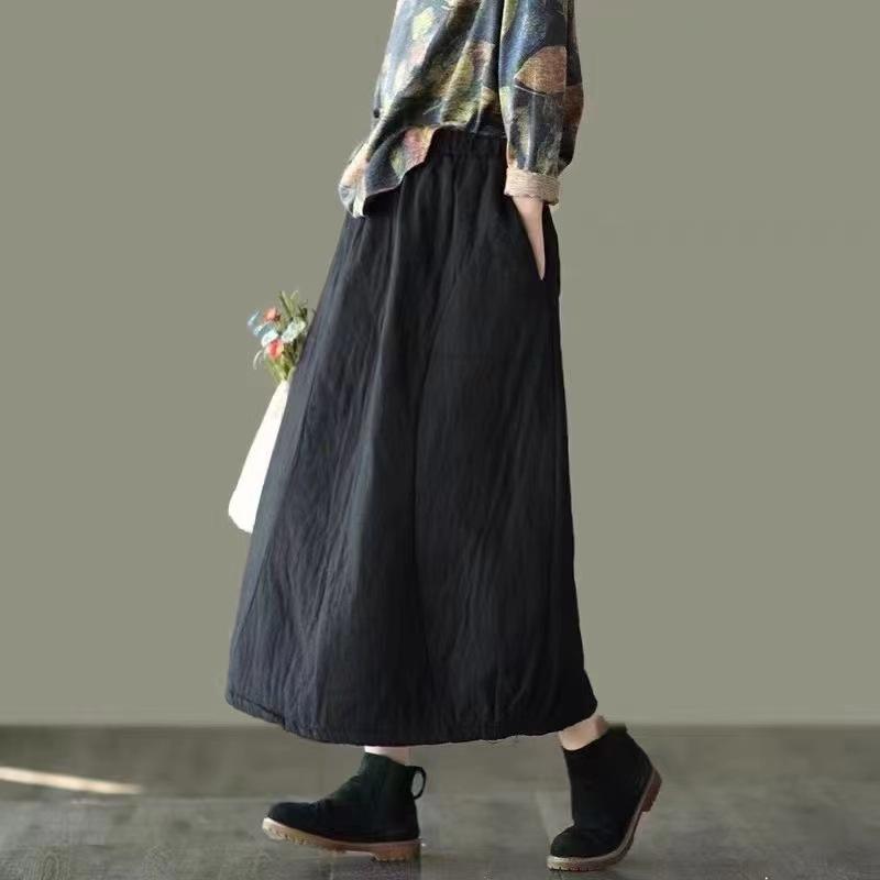 スカート レディース 秋冬 暖か 綿入り 伸縮性 ハイウエスト ゆったり レトロ Aライン ロング カジュアル 普段使い 保温性