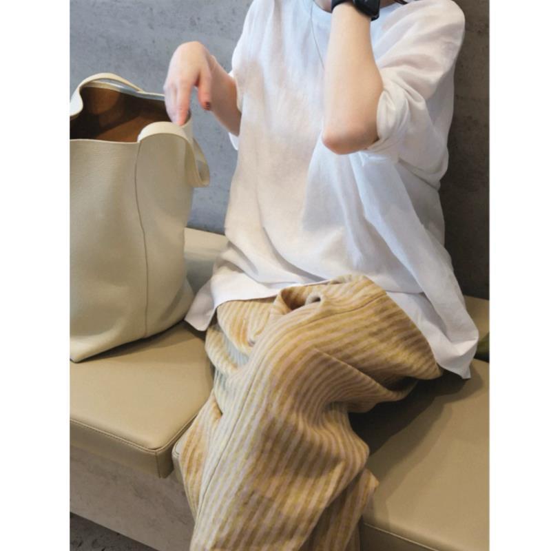 引っ切り無いズボン下 春夏 フレンチリネン 縞模様柄 好いたらしい 通気性 吸湿速乾 軽さ 隅っこ絵図面 心地よい 普段使い走り お上さん用 麻原材料 シンプルシルエット レディースファッション-事務服-パンツ