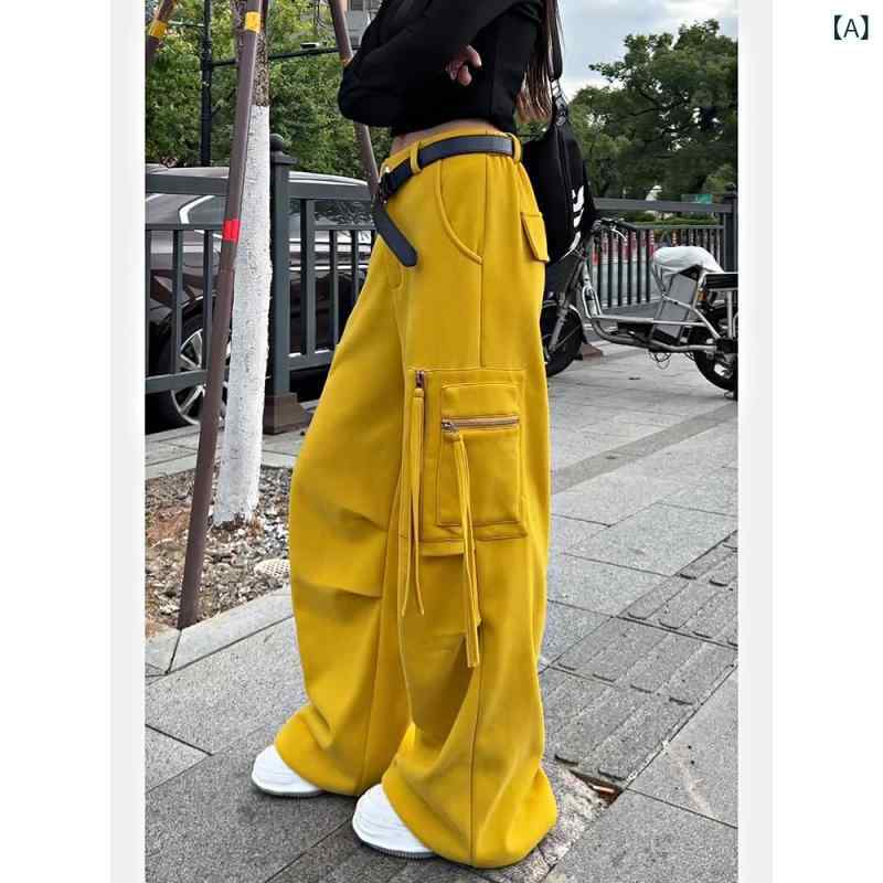 レディース スウェットパンツ ジンジャーイエロー 厚手 ゆったり ワイドレッグ カーゴ デザイン アメリカンスタイル 春秋 カジュアル 普段使い コットン混 伸縮性 快適