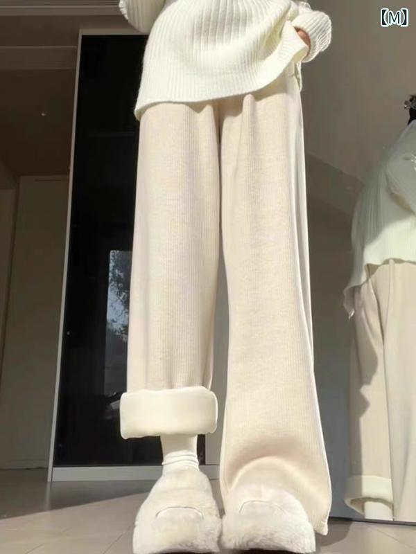 パンツ レディース 秋冬 ニット ワイドレッグ ストレート ドレープ感 細ストライプ カジュアル ホワイト 暖か裏地 伸縮性 普段使い
