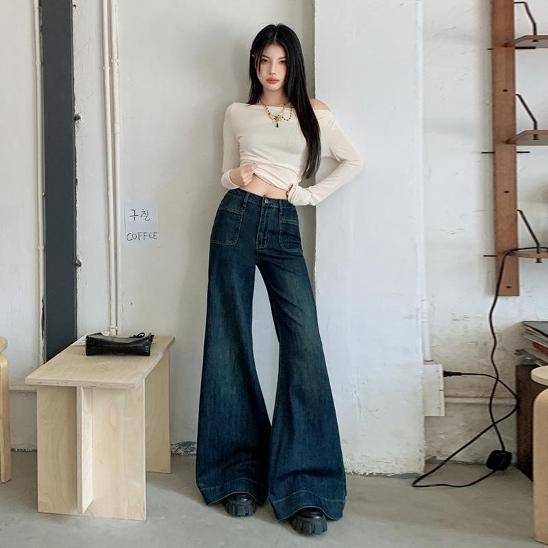 レディース 春夏 ソフトデニムパンツ ワイドレッグ フレア 伸縮性 ドレープ感 スリム見せ 梨型体型カバー ロング丈 カジュアル 普段使い 軽量 吸湿速乾