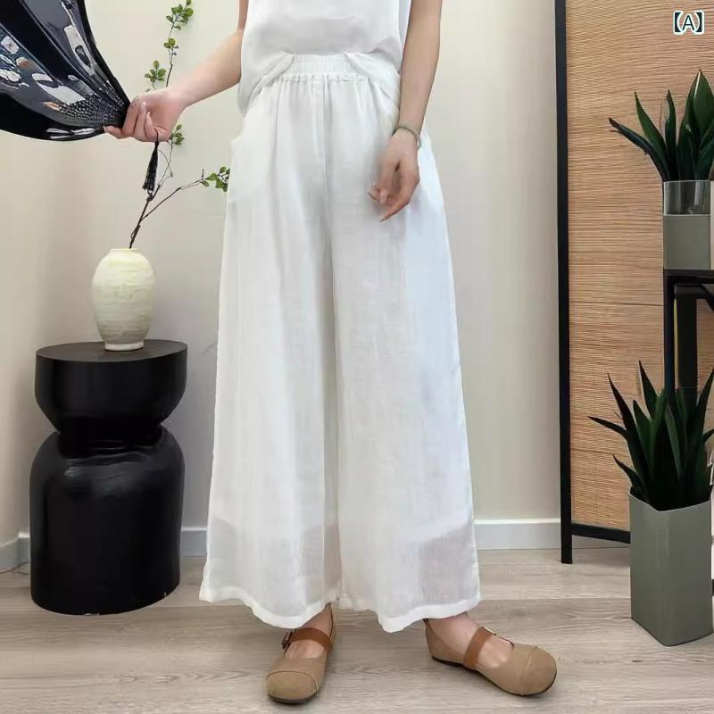 ロングパンツ ラミー素材 二重構造 ゴムウエスト 微ワイドレッグ 麻 軽量 通気性 吸湿速乾 普段使い 合わせやすい 女性用 ボトムス 伸縮性 カジュアル