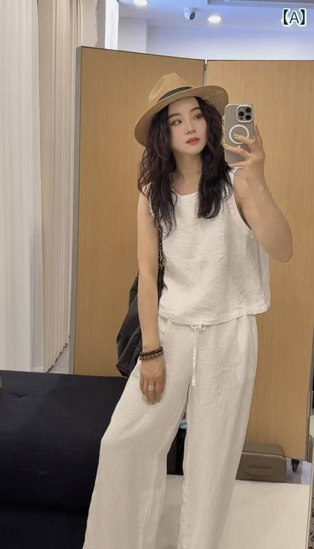夏 レディース ゆったり 麻素材 ノースリーブ ベスト ストレートパンツ セットアップ カジュアル スリム効果 ラフスタイル 普段使い 軽量 吸湿速乾