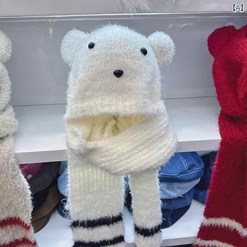 レディース かわいい クマ耳 ふわふわ ニット帽 暖か マフラー 秋冬 2点セット 韓国風 ビーニー スタイル 毛糸 素材 保湿 機能