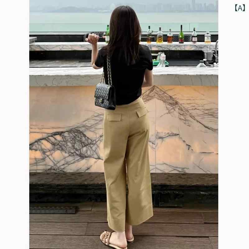 パンツ 女性用 ハイウエスト ストレート ワイドレッグ カーキ色 夏用 ルーズフィット スリム効果 梨型体型対応 9分丈 カジュアル 普段使い 軽量 伸縮性