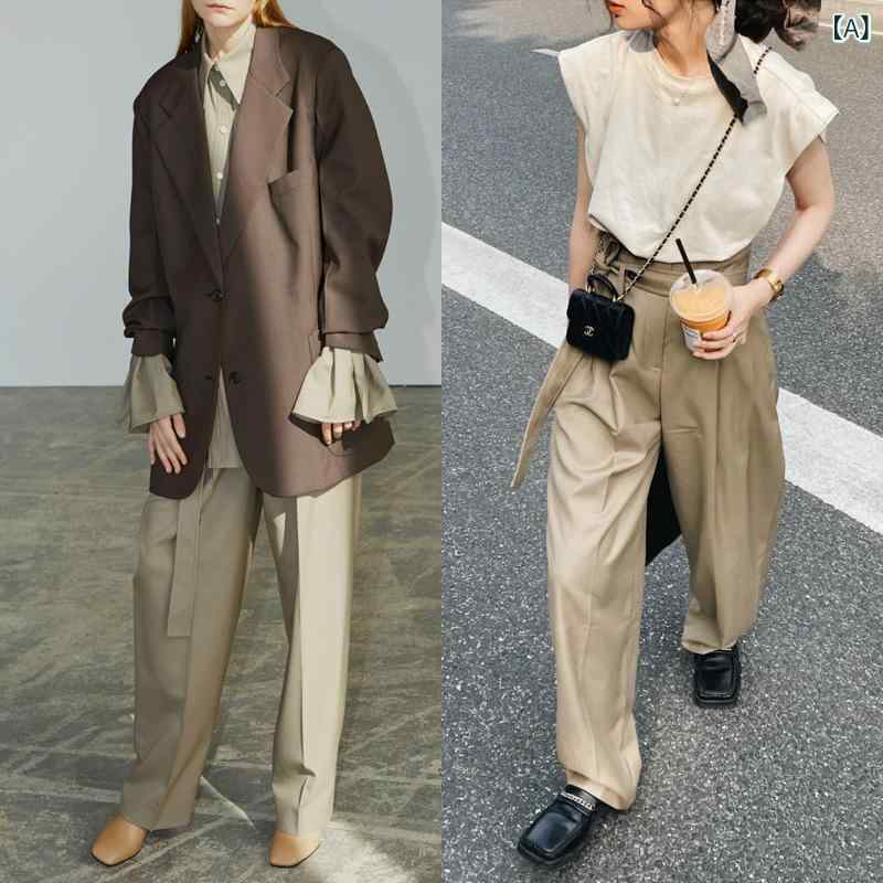 レディース カーキ ワイドパンツ ゆったり ハイウエスト スリム見え ウールベルト ストレート カジュアル ロング 普段使い 快適 シルエット