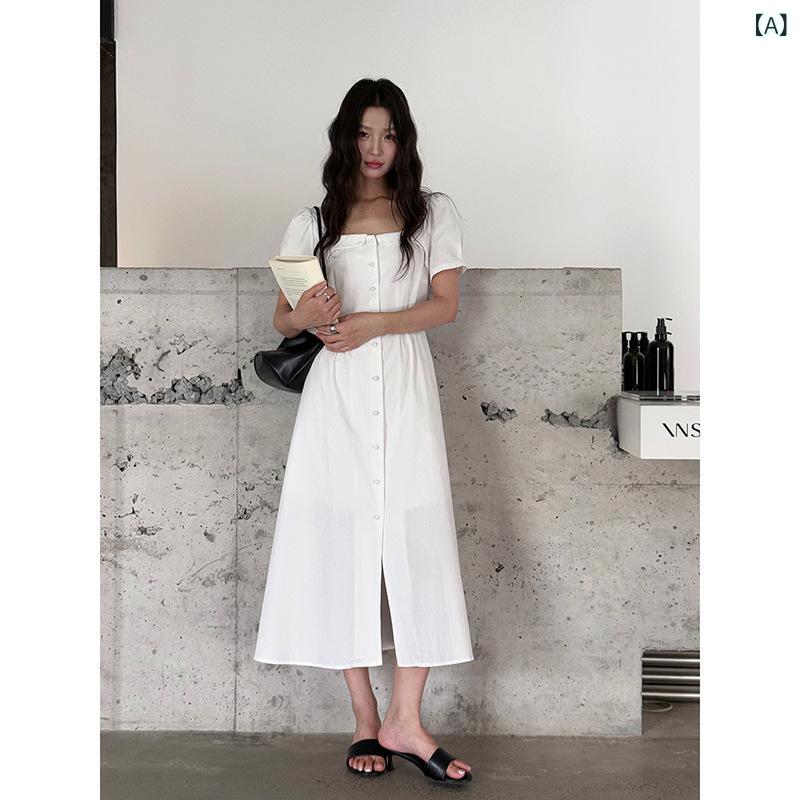 レディース ワンピース フランス風 レトロ スクエアネック ミドル丈 春夏 軽やか 膝下丈 エレガント 女性用 トップス ドレス 日常使い 通勤 通学 デート コーデ 柔らかい 生地 スタイリッシュ シルエット