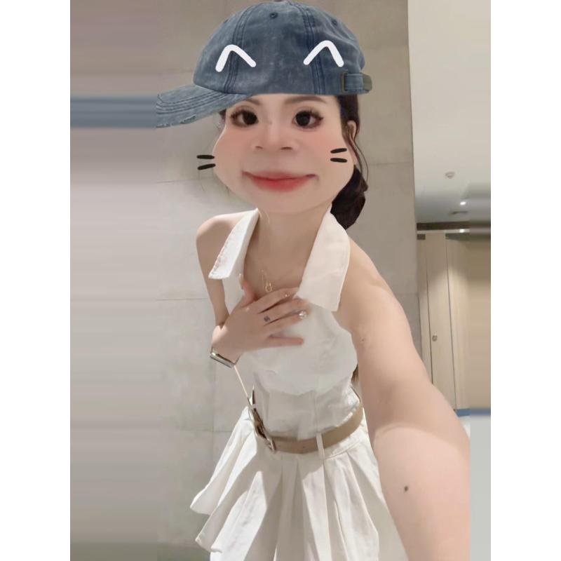 レディース ワンピース 白 無袖 ハルターネック 夏用 ウエストシェイプ シャツ風 スカート かわいい スタイル 軽量 素材 通勤 普段使い ビッグシルエット Vネック 風