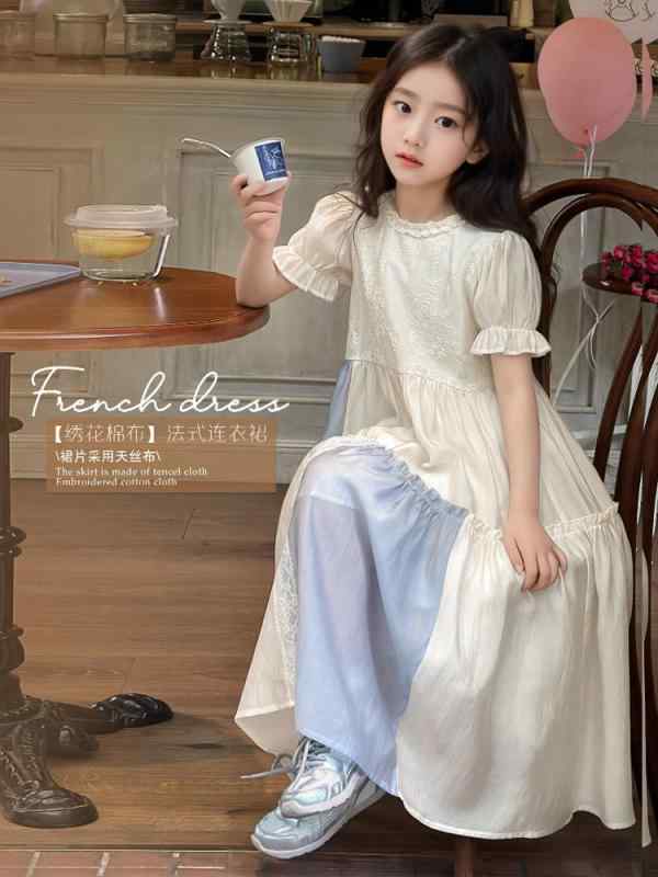 女の子用 夏 ワンピース ビーチドレス パフスリーブ ロングドレス プリンセススカート フレンチスタイル ガーリー 海辺休暇 サマースタイル 軽やか かわいい ピンク系