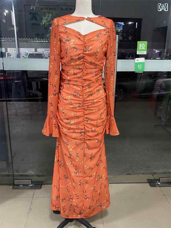 レディース ロングワンピース フレンチ プリーツ 花柄 シフォン 高級感 通勤用 フェミニン 軽量 スタイリッシュ