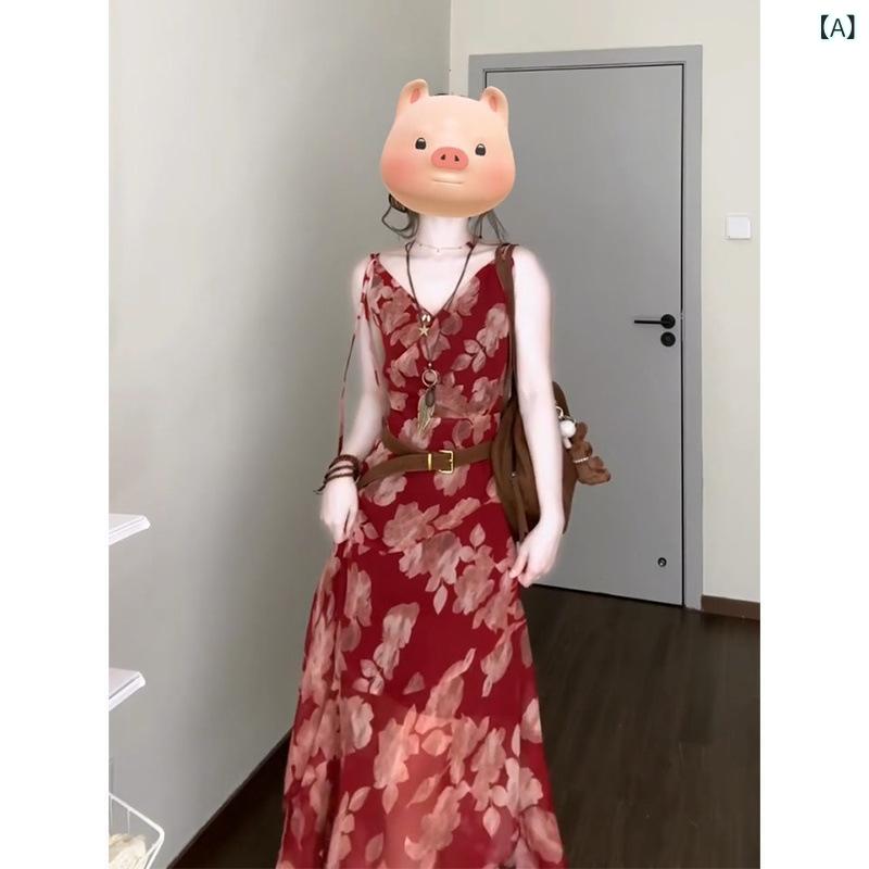 ワンピース レディース 夏 吊り帯 フレンチスタイル 上品 ウエスト切り替え スリム 花柄プリント アシンメトリー 中長丈 カジュアル 日常使い 通気性 軽量