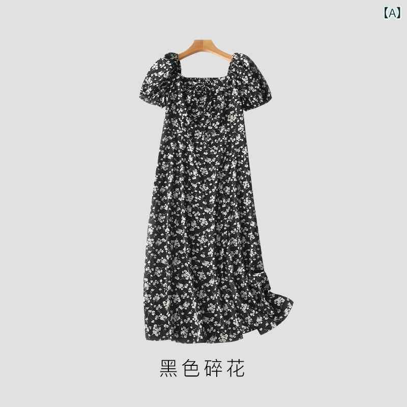 衣装 レディース 夏 黒いこと 花柄 細押し出し パフ捩り フレンチ表現スタイル 真四角素っ首 姿勢細長い切口 ロング丈 軽さ 通気性 冷やりとした 当たること冷感 普段使い