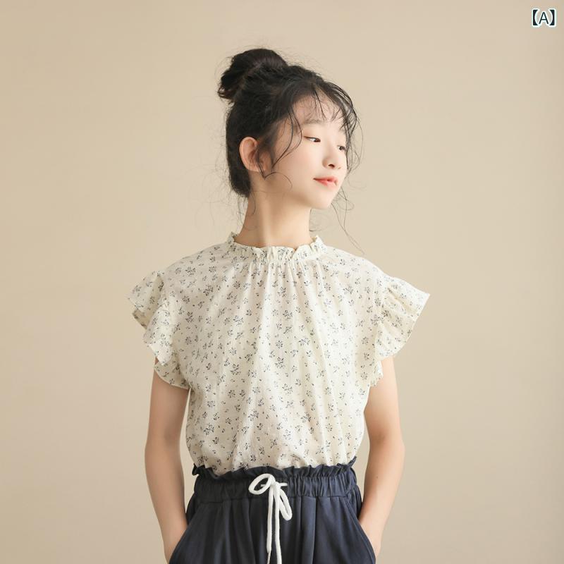 ブラウス 女の子 夏用 花柄 フレンチスタイル パフスリーブ フリルエッジ ラウンドネック ガーリー トップス 軽やか コットン混 普段使い かわいい デザイン