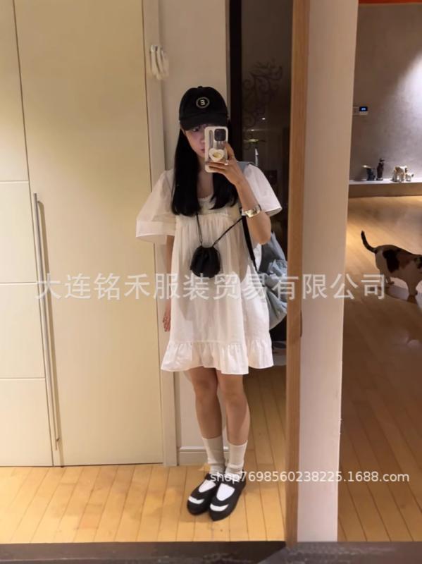 レディース 夏 ワンピース フレンチスタイル スクエアネック ゆったり ドールシルエット 若々しい デザイン ルーズフィット 軽量 コットン混 普段使い 通勤対応 ビッグシルエット