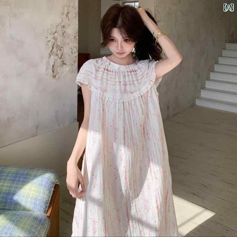 パジャマ ワンピース レディース 夏用 綿素材 レトロ 小花柄 フレンチ プリンセス スタイル ルームウェア ホームドレス 通気性 軽量 リラックスウェア