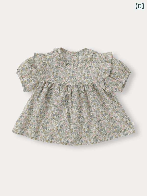レディース ワンピース フランススタイル レトロ ガーデン 小花柄 プリント コットン 素材 軽量 通勤 普段使い かわいい デザイン グリーン 系 カラー