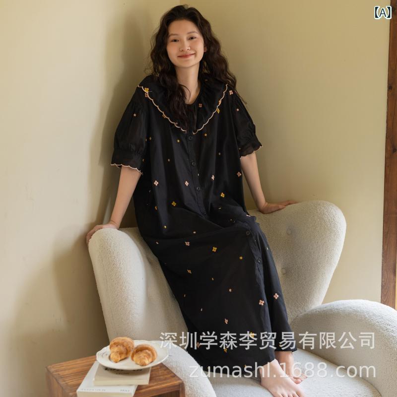 レディース 夏用 ゆったり コットン 刺繍 短袖 ロングドレス かわいい ルームウェア 外出対応 通気性 軽量 ホームウェア ワンピース 寝間着｜新風堂