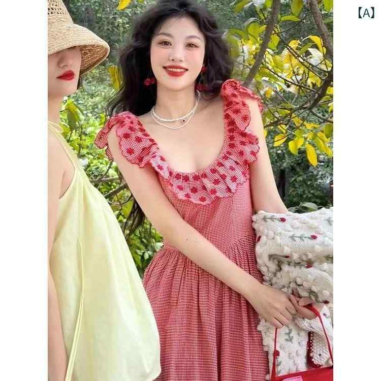 ワンピース レディース 夏 ビーチ リゾート ロマンチック レトロ 赤 チェック柄 フレンチスタイル フリルスリーブ ミディ丈 軽量 コットン混 日常使い 10,080円