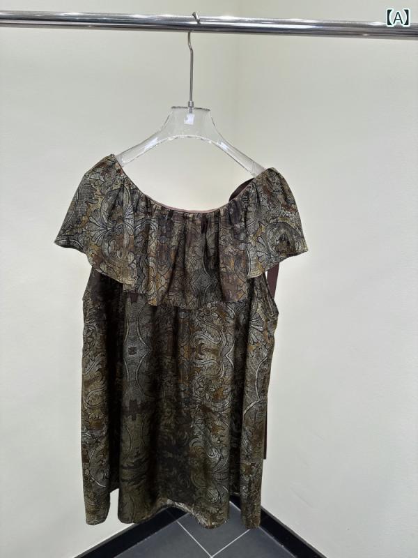 ノースリーブ Tシャツ レディース 壁画 プリント 柄 再生繊維 高級感 フリル リボン 襟 春夏 トップス 軽量 吸湿速乾 女性らしい デザイン ブラック ピンク系 アイボリー|新風堂