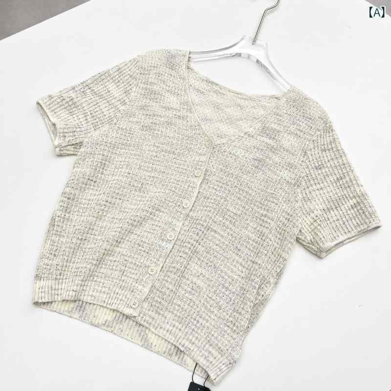 レディース 夏 カーディガン ゆったり Vネック 半袖 ニット アマ素材 虹色 羽鱗 模様 ビーズ 装飾 凹凸 ストライプ 質感 軽量 通気性 涼しい トップス